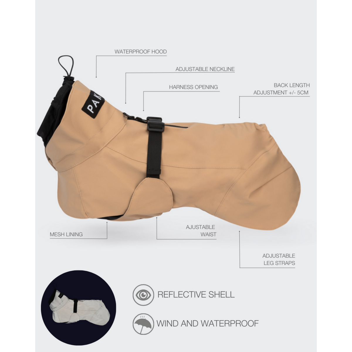 PAIKKA Visibility Raincoat Lite - Reflektierender Hunderegenmantel Taupe