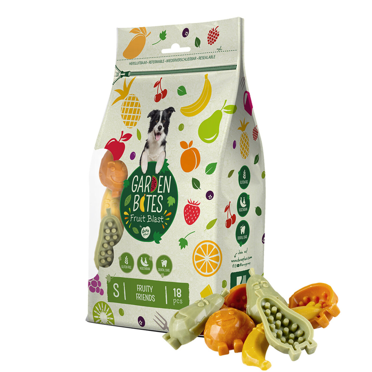 Duvo+ Garden Bites Fruity Friends – Fruchtiger Kauspaß für deinen Hund 🐶 – S - 7 cm - 18 Stück