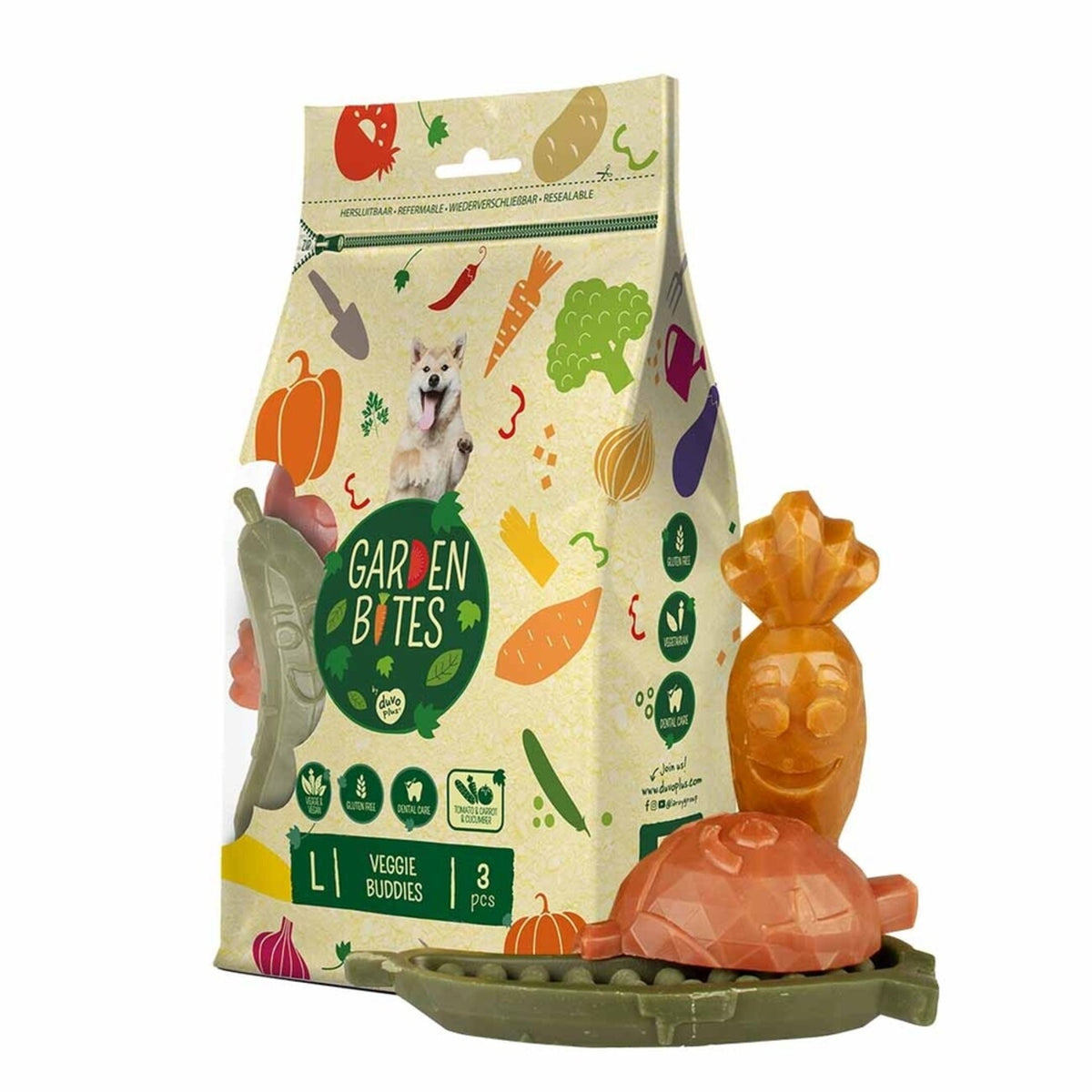 Garden Bites Veggie Buddies - Der vegetarische Hundesnack für gesunde Zähne – L - 11cm - 3 Stück