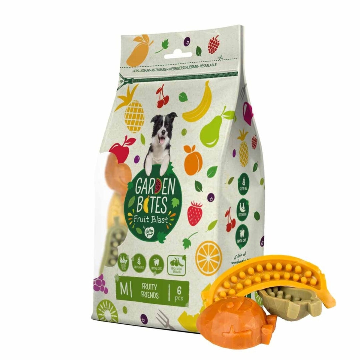 Duvo+ Garden Bites Fruity Friends – Fruchtiger Kauspaß für deinen Hund 🐶 – M - 8,5cm - 6 Stück