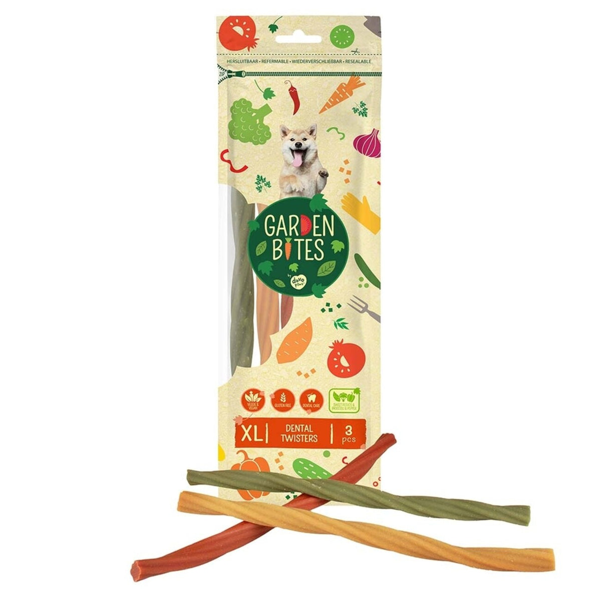 Duvo+ Garden Bites Dental Twisters Mehrfarbig - Veggie-Snack für Hunde – XL - 25 cm - 3 Stück
