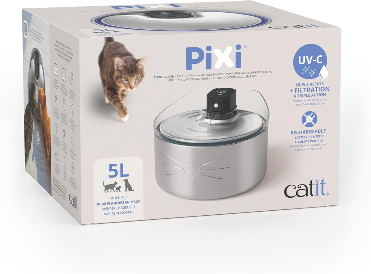 Catit PIXI UV-C Edelstahl-Trinkbrunnen für Katzen – Kabellos & 5L XXL