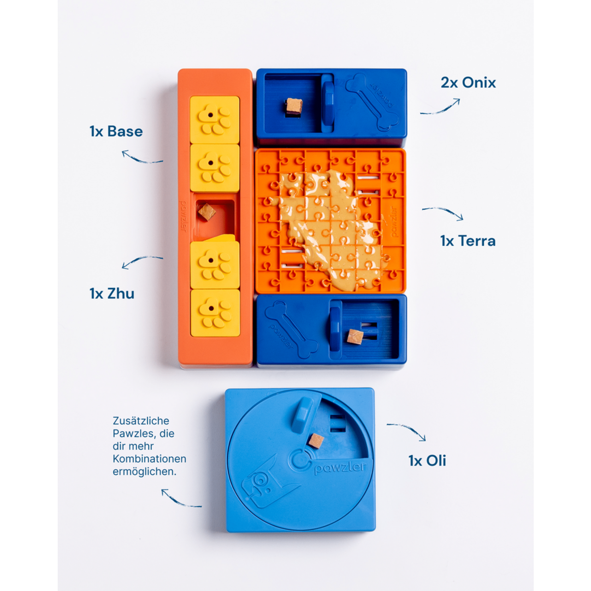 Interaktives Hunde Leckerlie Spielzeug mit individuellen Kombinations Möglichkeiten – Beginner Set: 6 Teile, 12 Verstecke