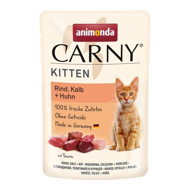 Carny Kitten Futter in Tütchen – Rind, Kalb & Huhn, 12x85g