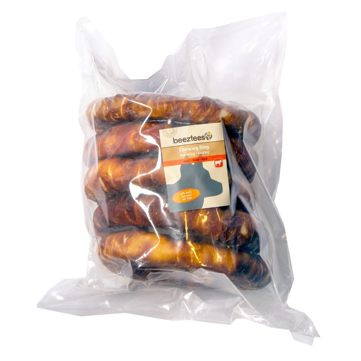 Beeztees Hundesnack Rinderhaut Ring mit Ente – groß, ø 19 cm - Vorteilspack mit 5 Stück