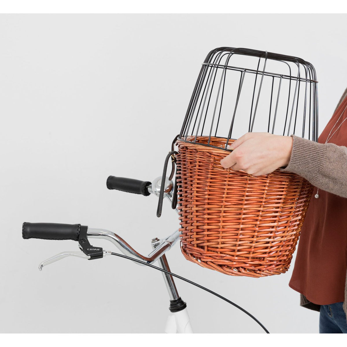Front Hundefahrradkorb aus Weide mit Gitter