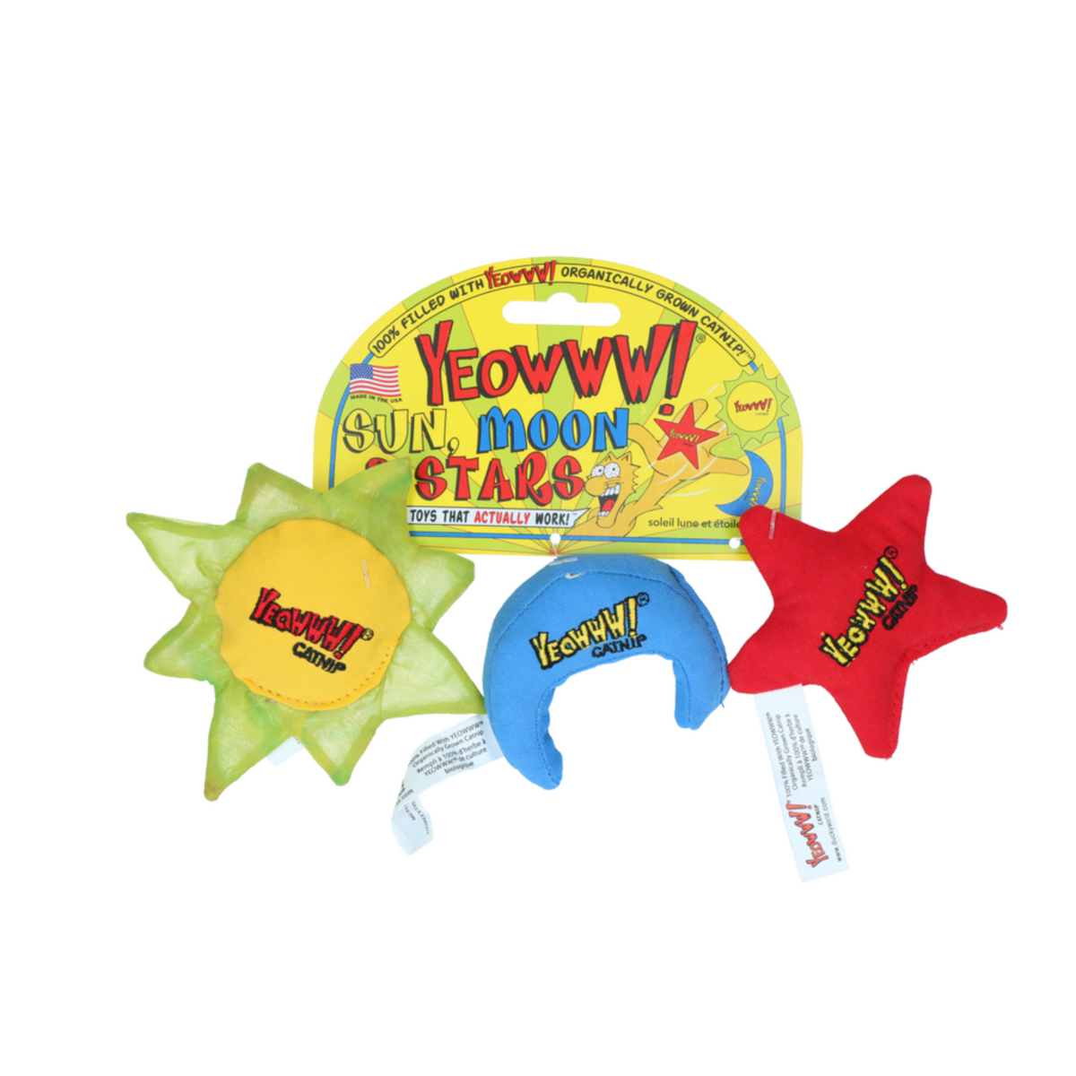 Yeowww! Katzenspielzeug Sun Moon and Stars â Trio Set mit stĂ€rkster Bio-Katzenminze â 3 StĂŒck, ca. 8-10 cm