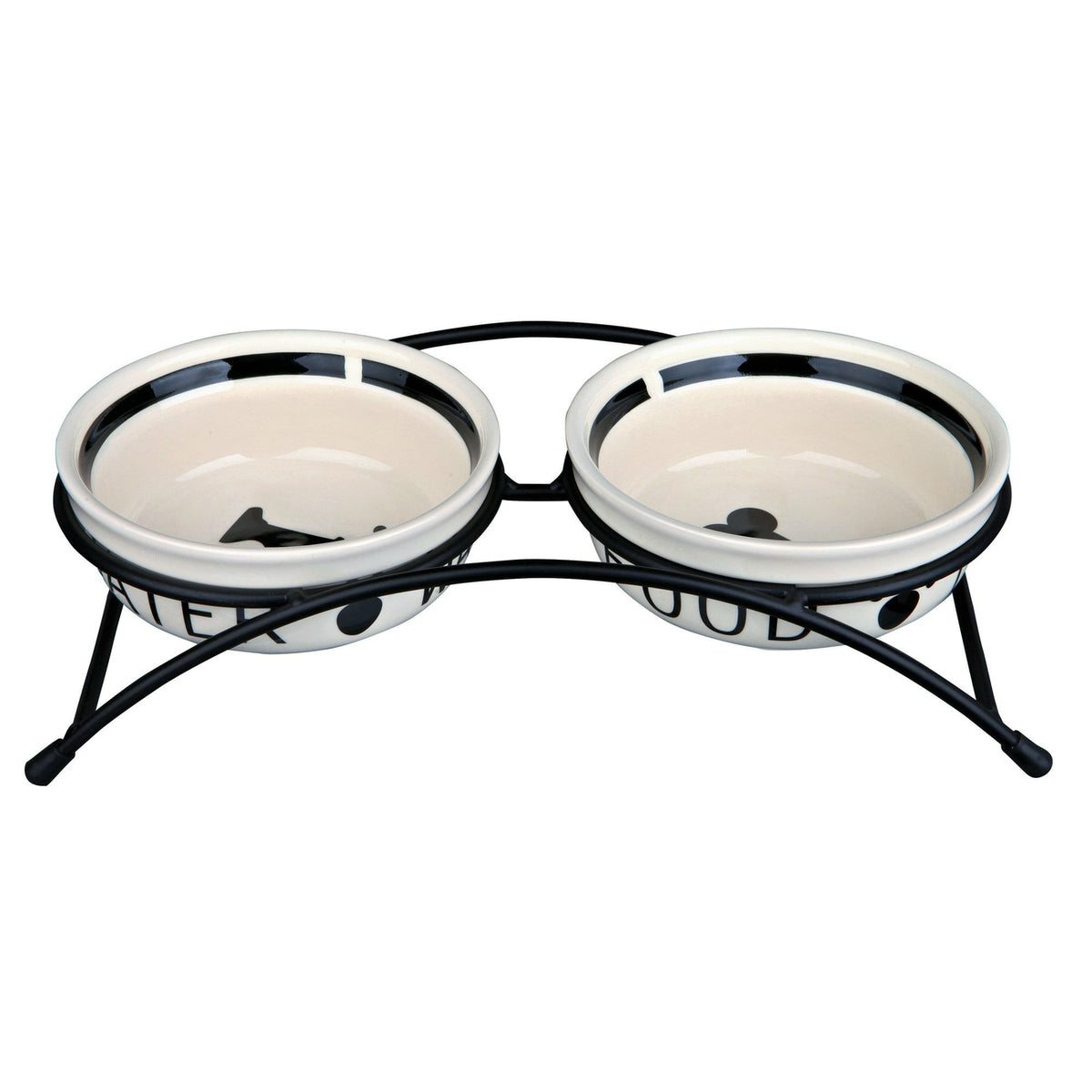 Keramik Hundenapf Set mit Metallhalterung – 2 × 0,25 l/ø 13 cm, weiß/schwarz