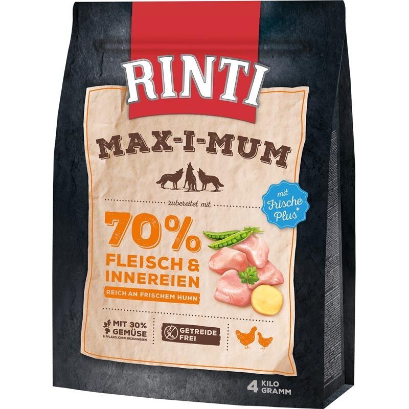 Rinti Maximum Trockenfutter fĂŒr Hunde | Getreidefrei & Hoher Frischfleischanteil (Huhn oder Rind)