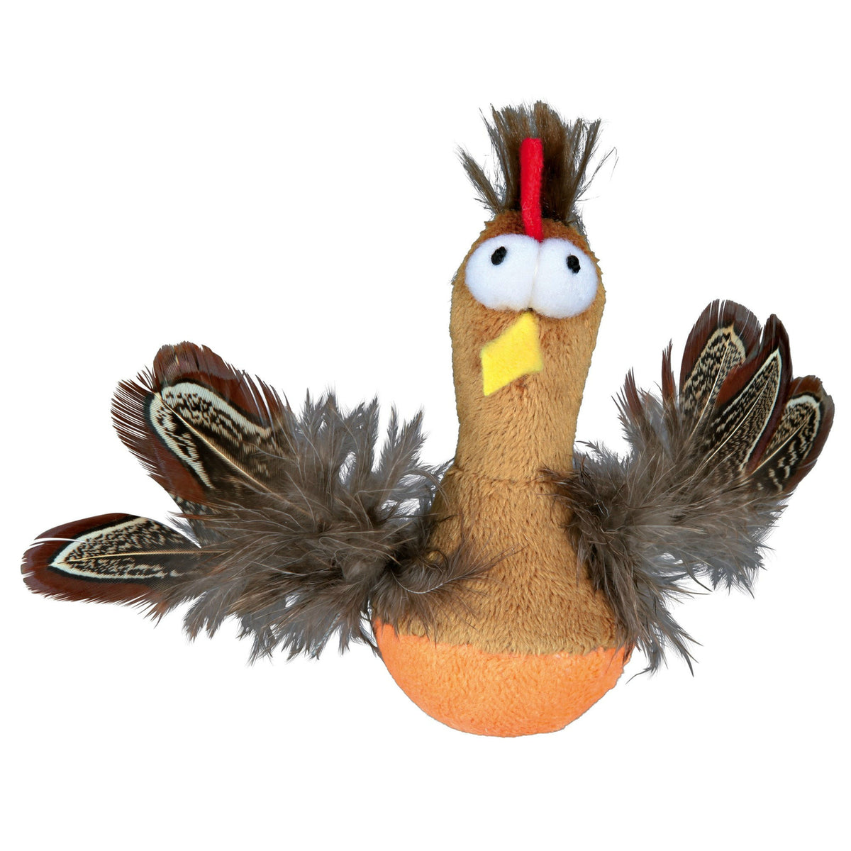 Steh auf Huhn Katzenspielzeug – mit Federn und Sound, 10 cm