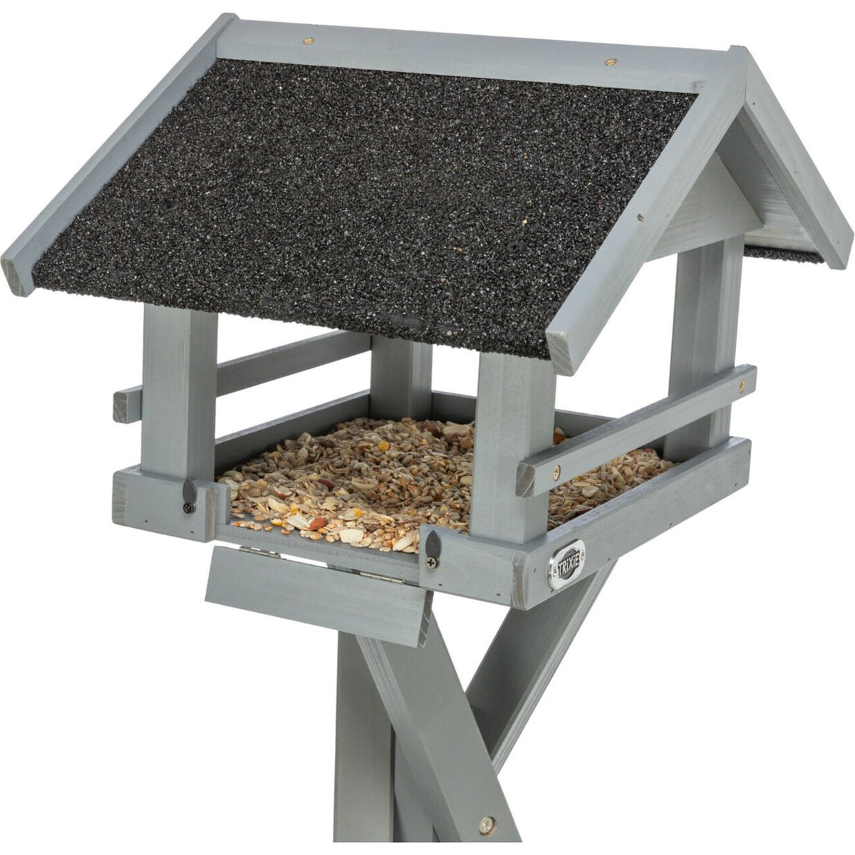 Graues natura Futterhaus mit Dachüberstand und Ständer