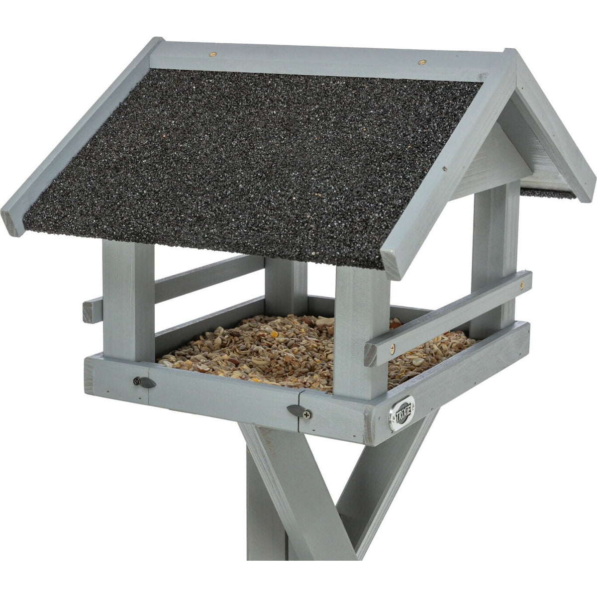 Graues natura Futterhaus mit Dachüberstand und Ständer