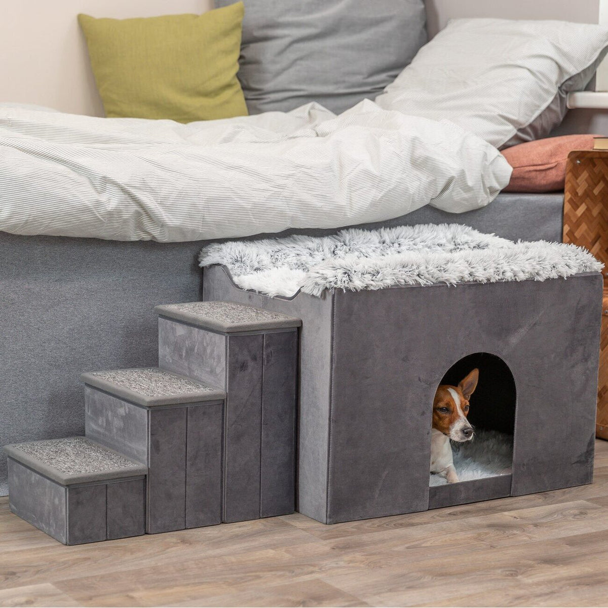 Hunde Beistellbett Harvey mit Treppe und Höhle