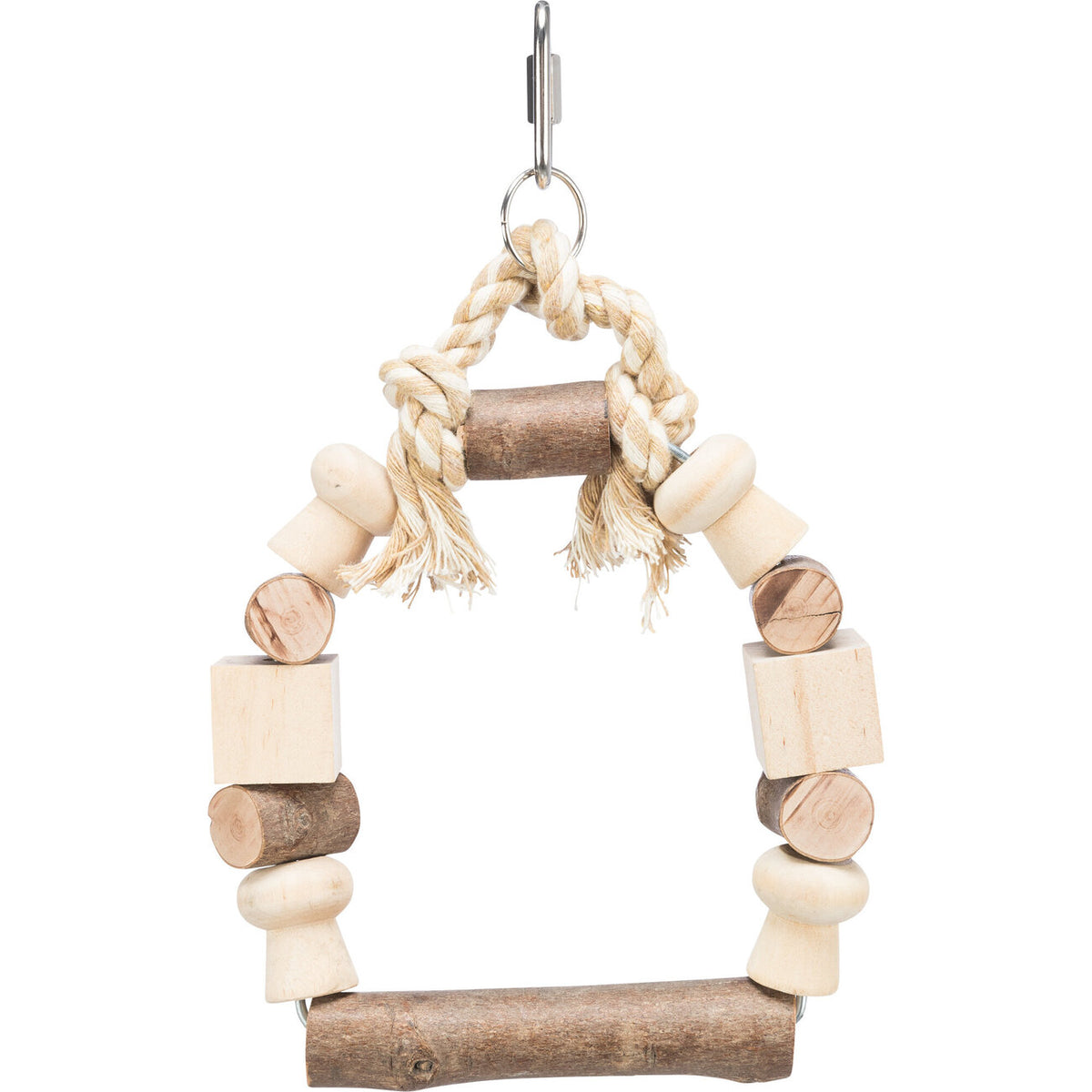 Vogelschaukel mit bunten Holzklötzchen und Tau – 13×19 cm