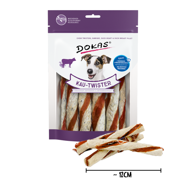 Dokas Kau Twister Rinderhaut für Hunde – Entenherz & Pansen, 200 g