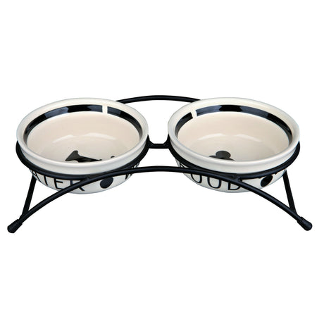 Keramik Hundenapf Set mit Metallhalterung – 2 × 0,25 l/ø 13 cm, weiß/schwarz