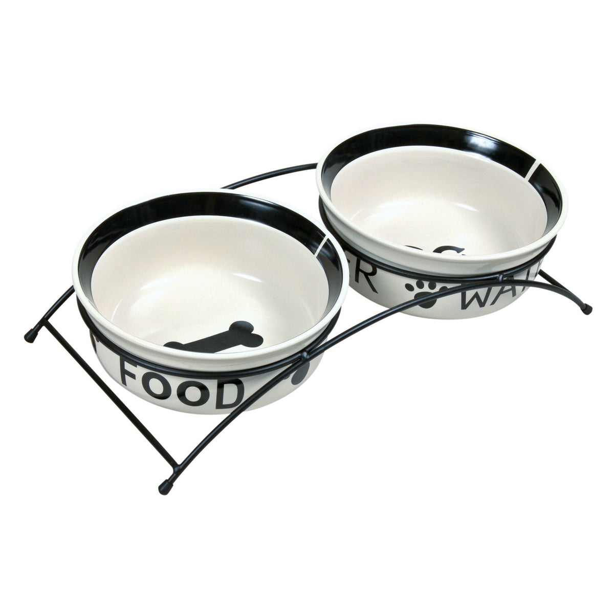 Keramik Hundenapf Set mit Metallhalterung – 2 × 1,6 l/ø 20 cm, weiß/schwarz