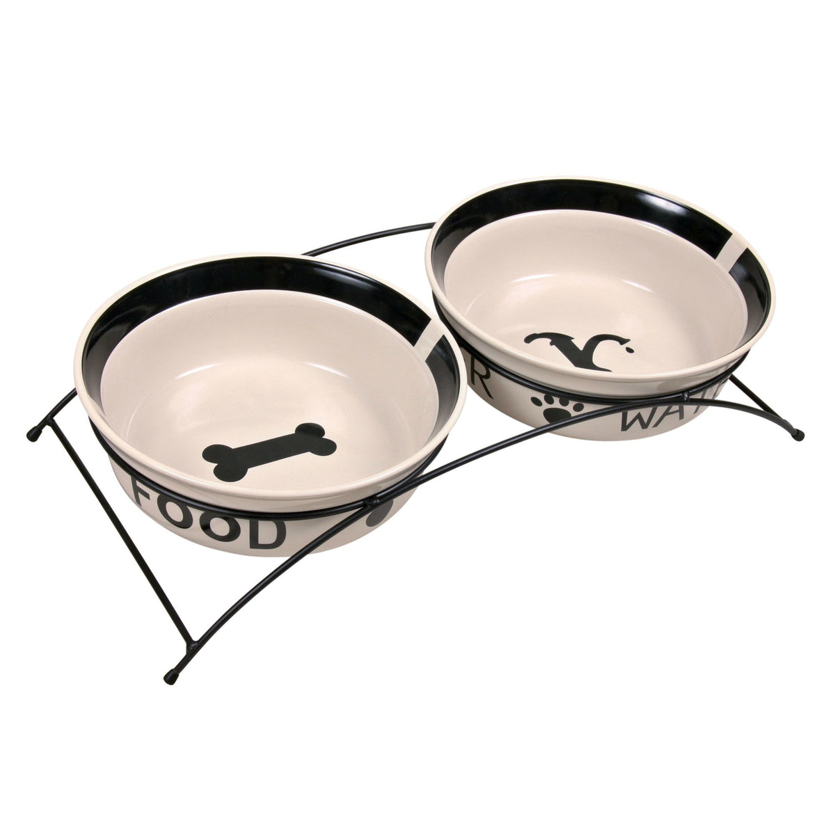 Keramik Hundenapf Set mit Metallhalterung – 2 × 2,6 l/ø 25 cm, weiß/schwarz