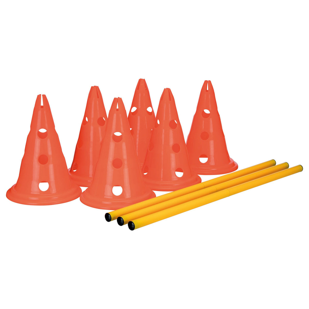 Hindernis Trainingsset mit Pylonen für Hunde – Maße: ø 23 × 30 cm, 78 cm Inhalt: 6 Pylonen, 3 Stangen, orange/gelb