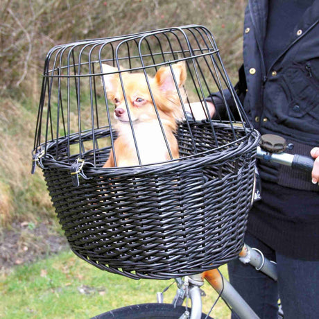 Hundefahrradkorb aus schwarzer Weide mit Gitter