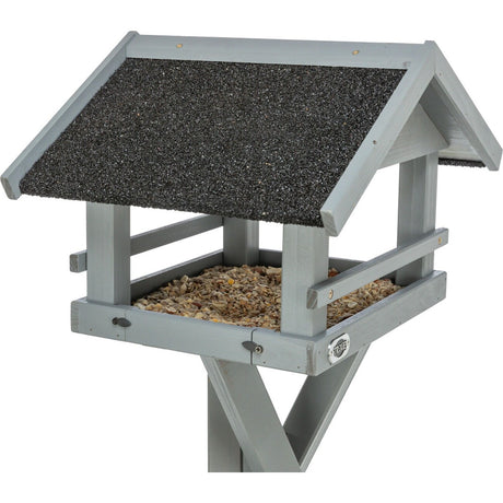 Graues natura Futterhaus mit Dachüberstand und Ständer