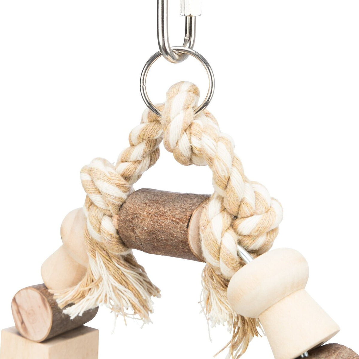 Vogelschaukel mit bunten Holzklötzchen und Tau – 13×19 cm