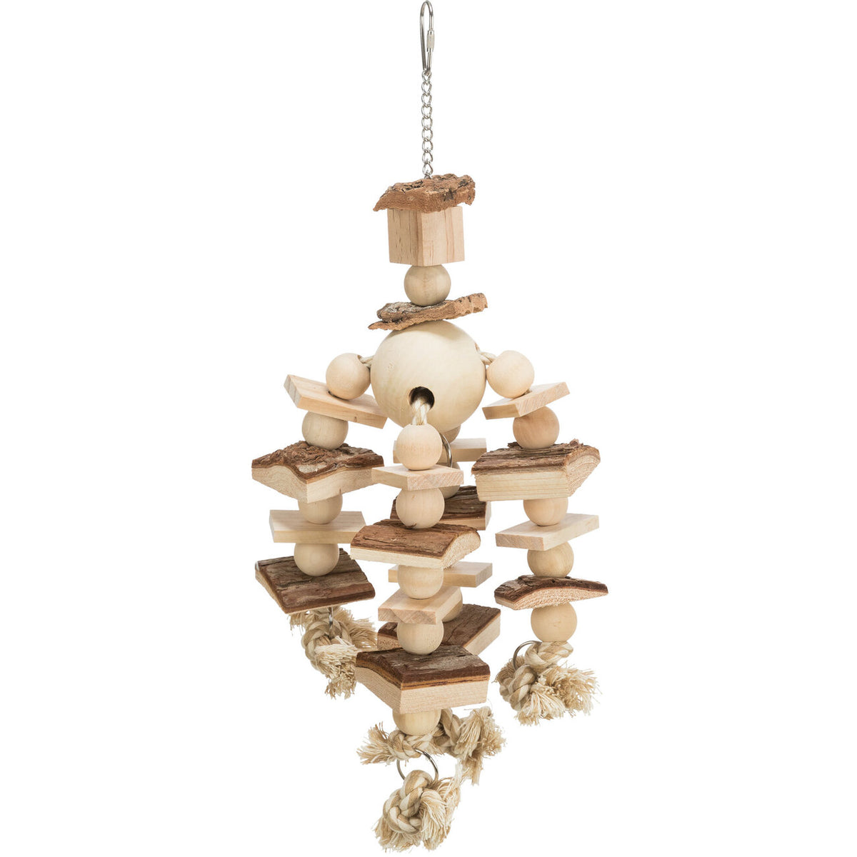 Vogelspielzeug Holz mit Tau zum Aufhängen
