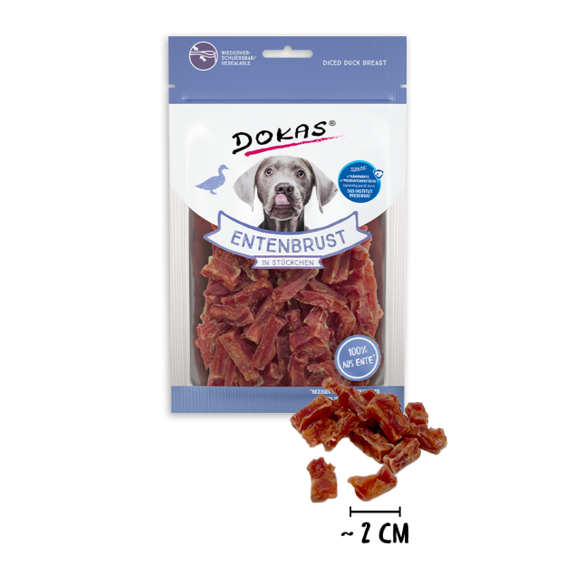 Dokas Entenbrust Stückchen für Hunde – Trainingssnack, 70g & 200g
