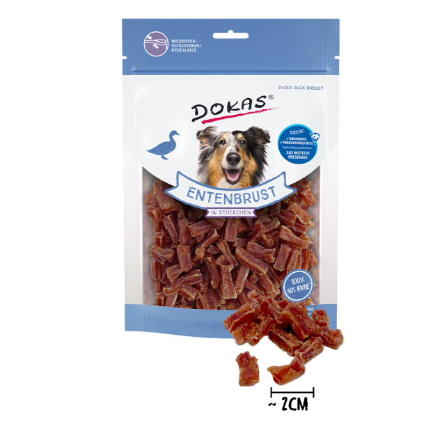 Dokas Entenbrust Stückchen für Hunde – Trainingssnack, 70g & 200g